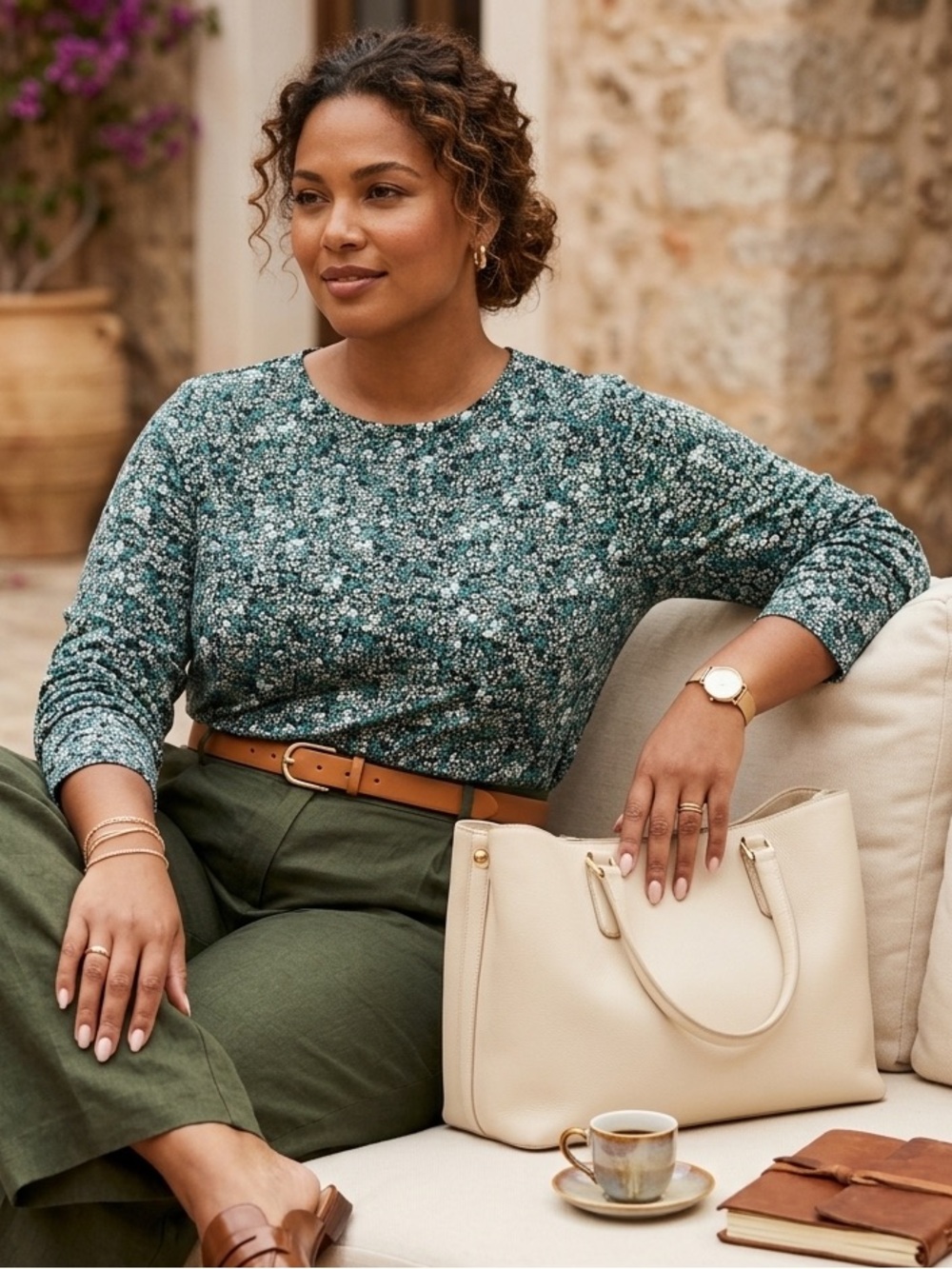 J. Jill Pima Cotton Long Sleeve Crew-Neck Tee Floral Ditsy Print Plus Size 2X